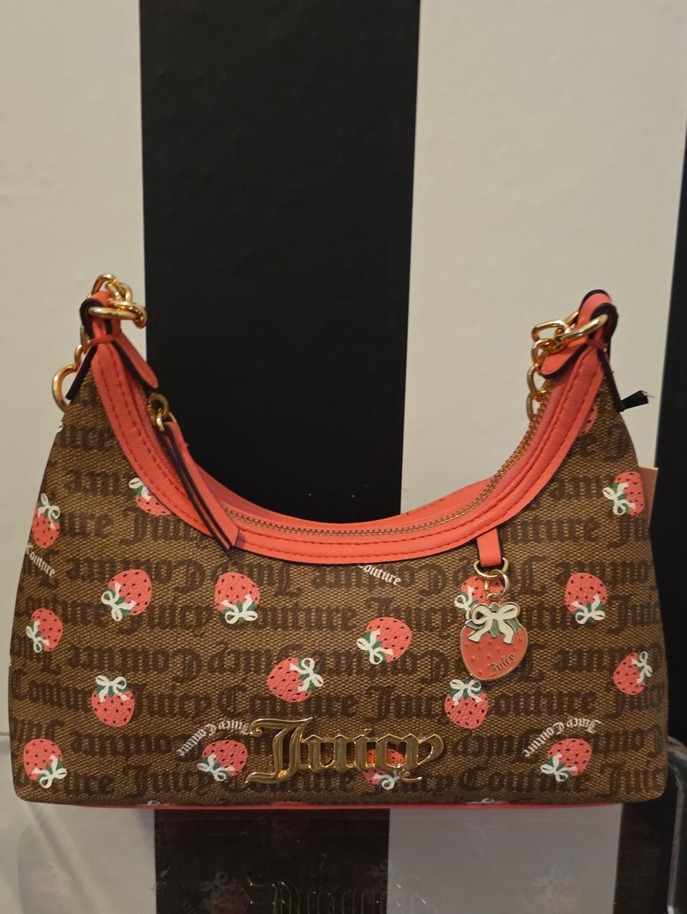 Juicy Couture Brown Strawberry Print Shoulder Bag with Coral Trim